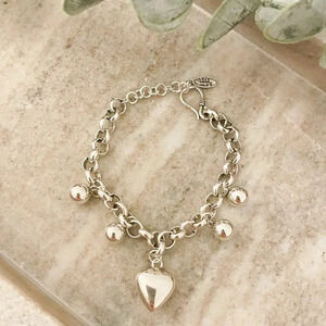 925 Sterling Silver Chunky Bead Ball Bracelet Silver Modern Heart Bracelet